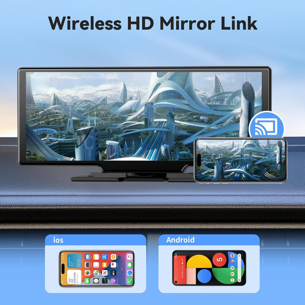 10.26" HD Wireless Car Stereo for Carplay & Android Auto, Portable Touch Screen for Car, 4K Dash Cam, 1080P Backup Camera, Bluetooth, AUX/FM, Googel, Siri, Mirror Link, GPS Navigation