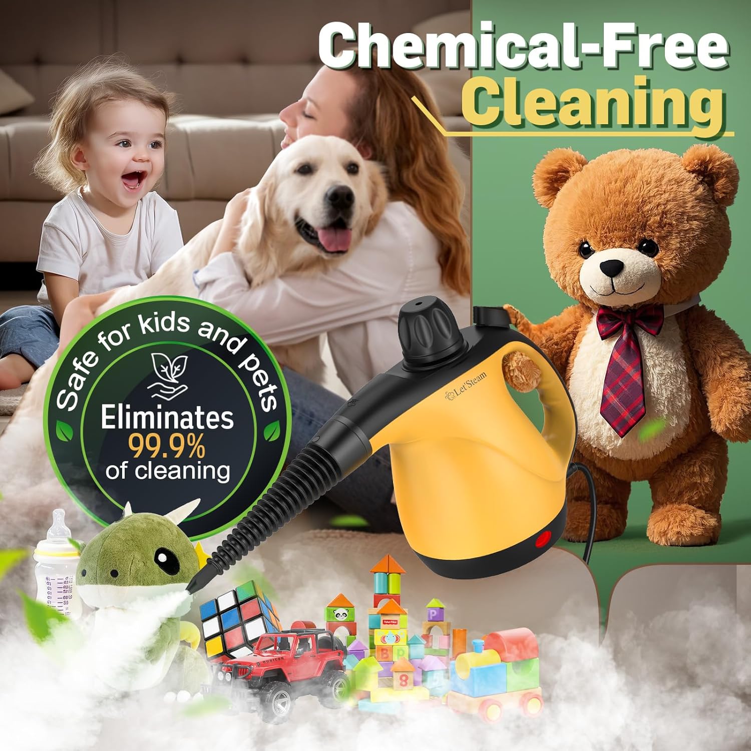 Multi-Surface Portable Steam Cleaner with 11Pcs Accessories, Chemical-Free Pressurized Steamer for Cleaning, Hand Held Steamer for Car, Furniture, Floor, Tile Grout and Home Use