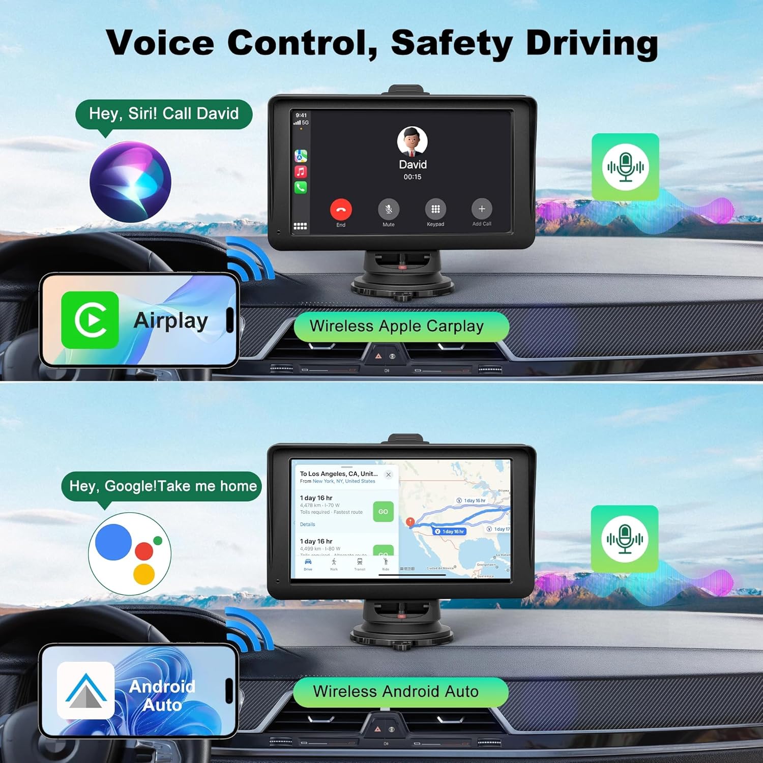Apple Carplay Screen for Car, 7" HD Portable Wireless Touch Screen for Apple Carplay & Android Auto, with 1080P Backup Camera, Car Play Tablet, GPS Navigation/Mirror Link/Bluetooth/FM/Voice Control