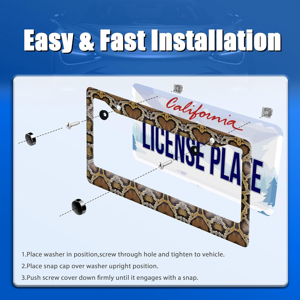 Snake Printed License Plate Frame Animal Skin Texture License Plate Stainless Steel Funny License Plate Holder Colorful Car Accessory with Screws Car Decoration 12.3" x 6.3" Men Women