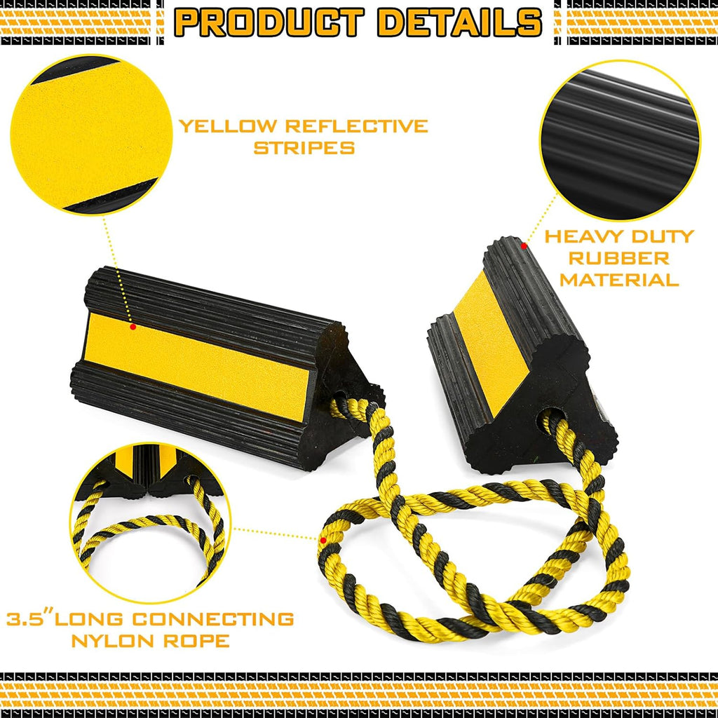 4 Pair Heavy Duty Wheel Chocks for RV Trailer, Rubber Wheel Stoppers, Dual Blocks, Non Slip Tire Chock with Nylon Rope Reflective Tape for RV Camper Travel Trailers Car Truck (Yellow)