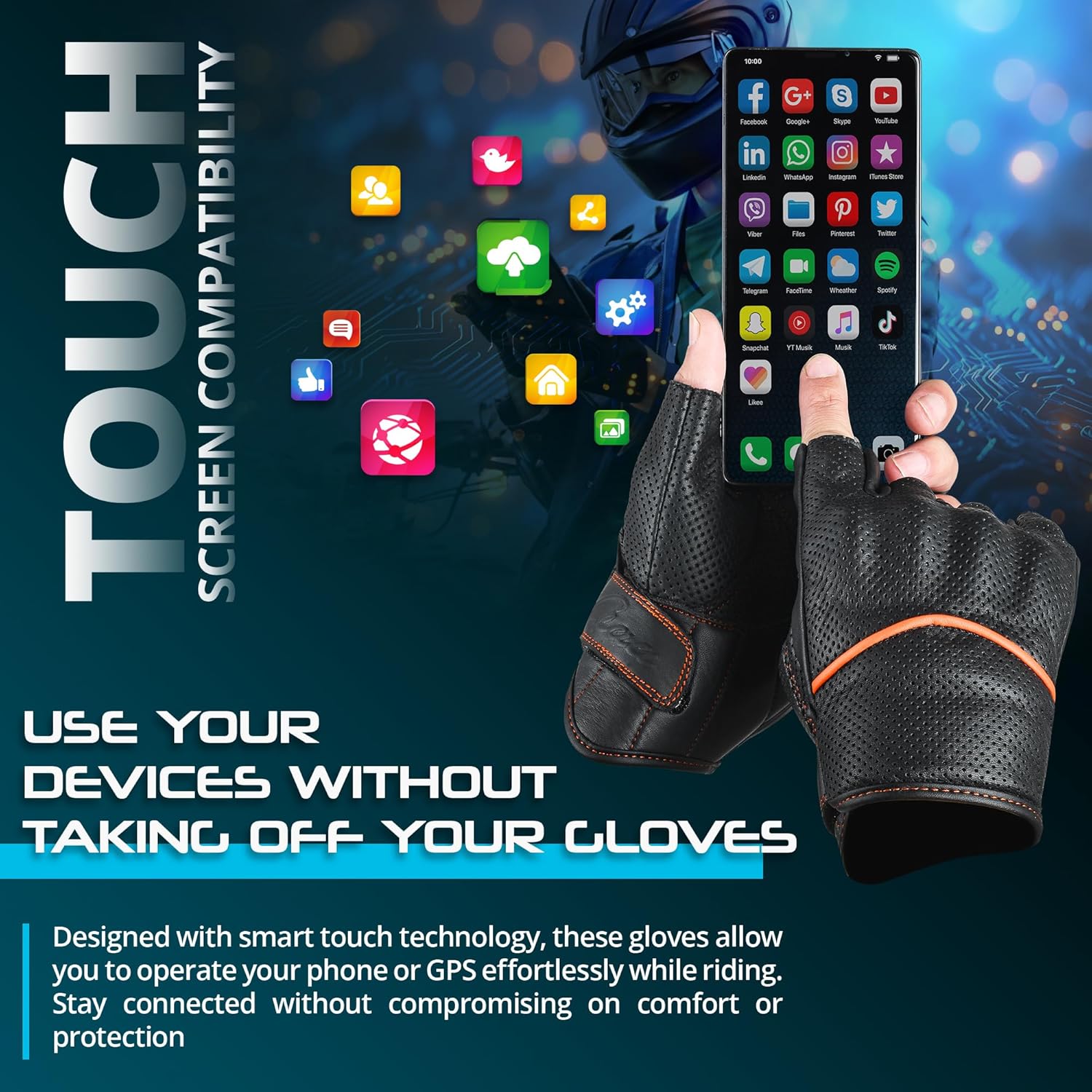 aasportx Motorcycle Gloves - Men's Leather Motorbike Gloves with Touchscreen Function - Non-Slip Pads for Men & Women