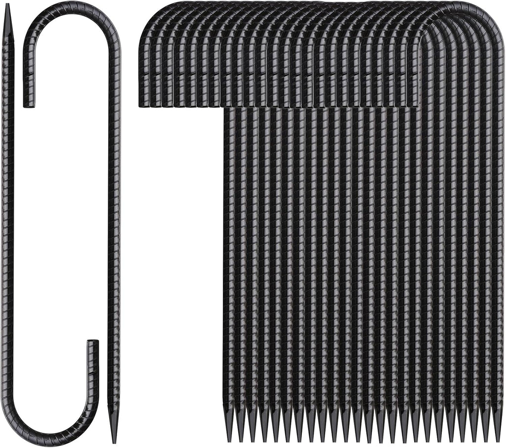 16 Inch Rebar Stakes J Hook 26 Pack Ground Stakes Heavy Duty Tent Stakes with Chisel Point End Chain Link Fence Stakes Galvanized Steel Ground Anchors Metal Spikes Black Coated