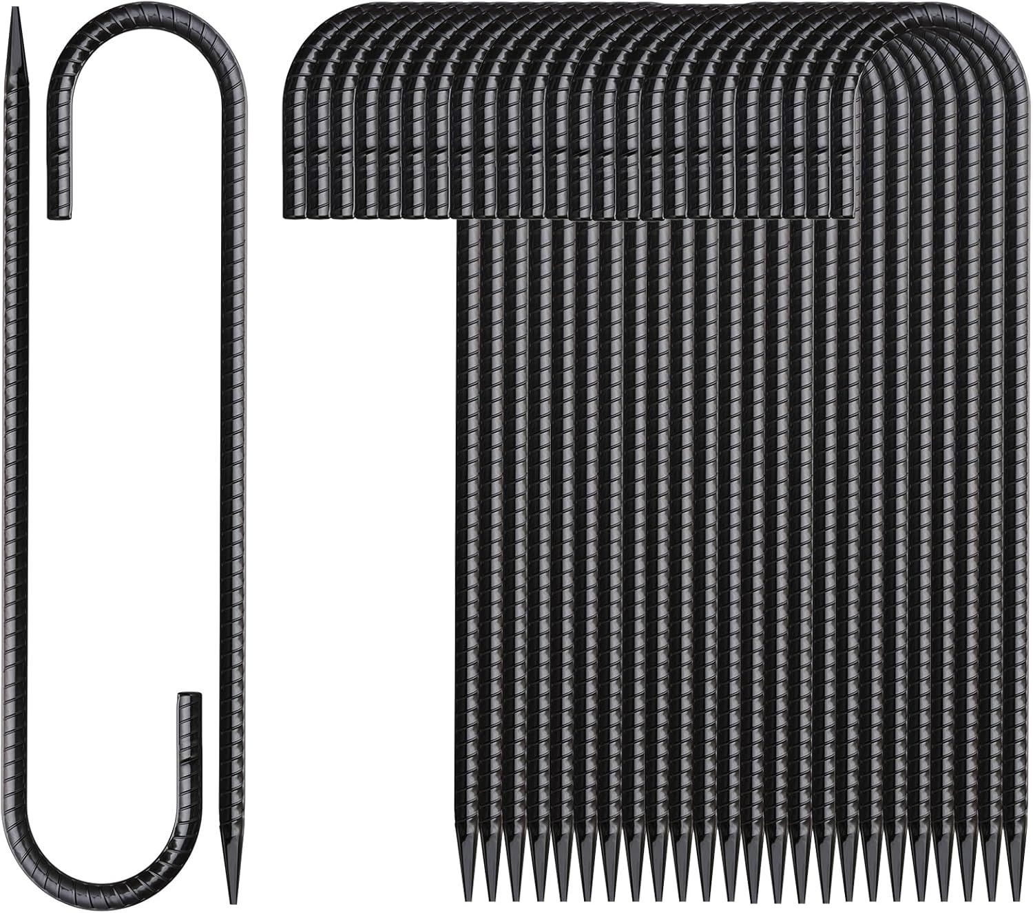 16 Inch Rebar Stakes J Hook 26 Pack Ground Stakes Heavy Duty Tent Stakes with Chisel Point End Chain Link Fence Stakes Galvanized Steel Ground Anchors Metal Spikes Black Coated