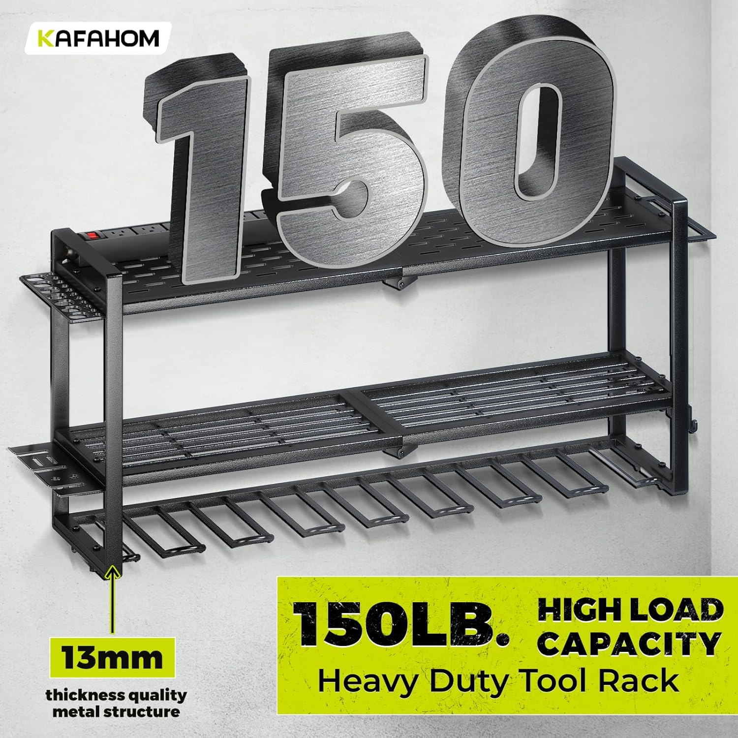 KAFAHOM Power Tool Organizer with Charging Station. 8 Drill Holder 3 Layers Tool Storage Shelf Wall Mount Built in 8 Outlet Power Strip.Tool Battery Holder with Screwdriver/Hammer