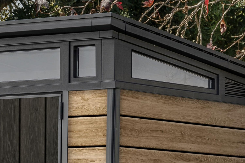 Keter Signature Collection 9x7 Ft All-Weather Storage Shed with Skylight, Window, Built-in Ventilation, Customizable Walls, & Lockable Double Doors, Ashwood