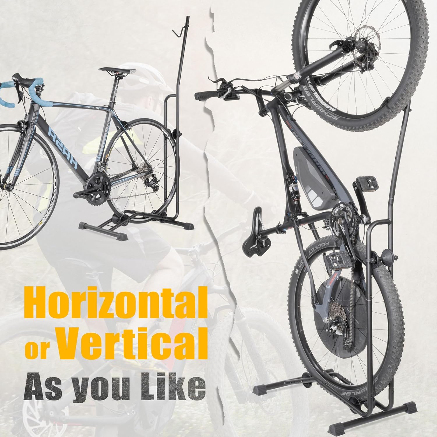 CyclingDeal Upright Bike Stand - Premium Quality Vertical & Horizontal Adjustable Bicycle Floor Parking Rack - for Storing MTB Road Bikes - up to 29” Wheel Size - for E Bike - 1 Bike