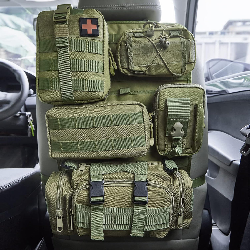 Universal Tactical Seat Back Organizer Vehicle Molle Panel Organizer Storage Bag with 5 Detachable Molle Pouch for All Vehicel Such as Jeep,Truck,SUV, Car, Ford,Chevy etc