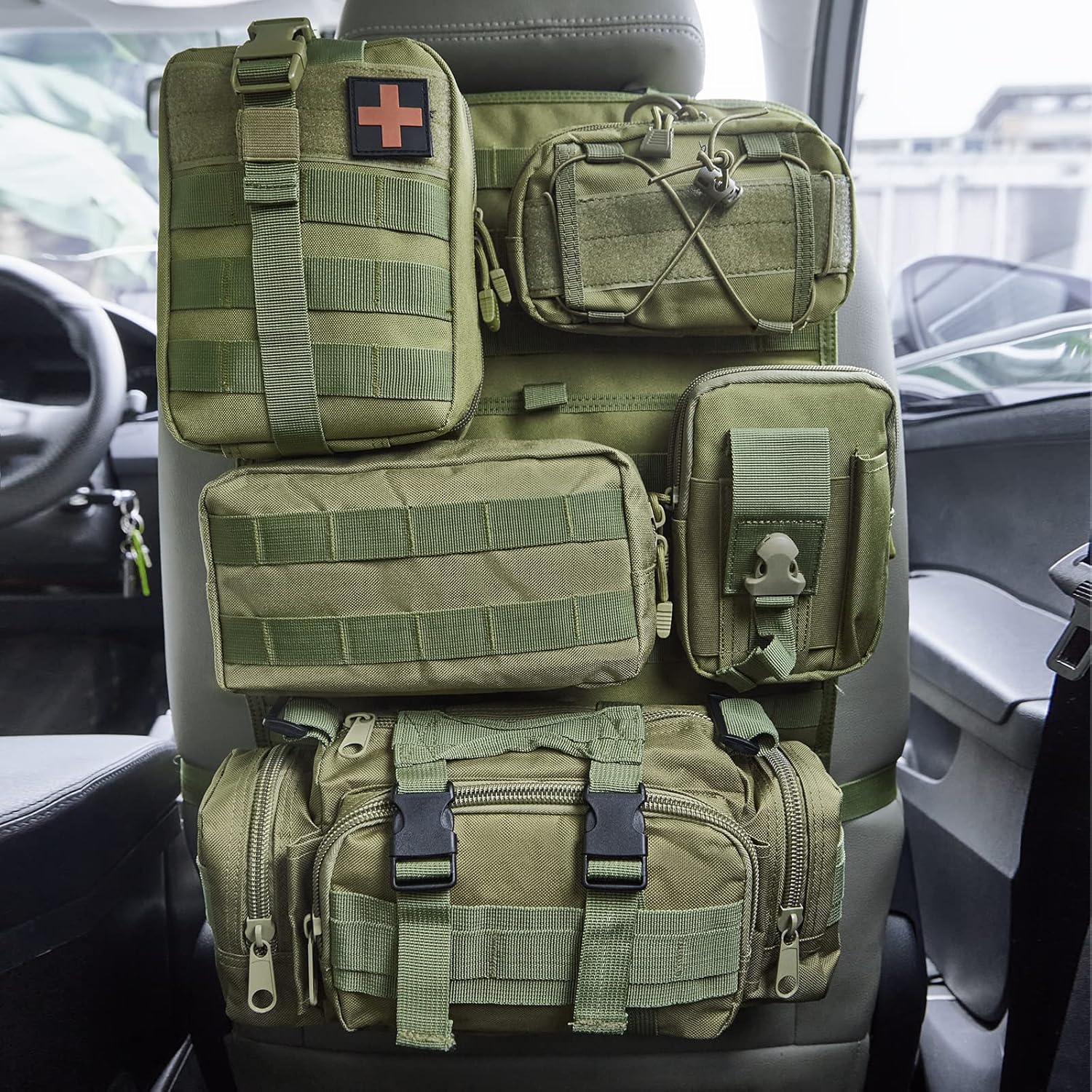 Universal Tactical Seat Back Organizer Vehicle Molle Panel Organizer Storage Bag with 5 Detachable Molle Pouch for All Vehicel Such as Jeep,Truck,SUV, Car, Ford,Chevy etc