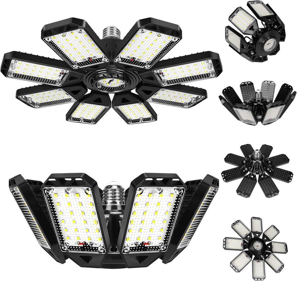 LED Garage Lights Bulb 8 Panels 2 Pack -200W, 20000LM 6500K Led Shop Light with 8 Deformable Panels, Basement Barn Light Garage Ceiling Lights