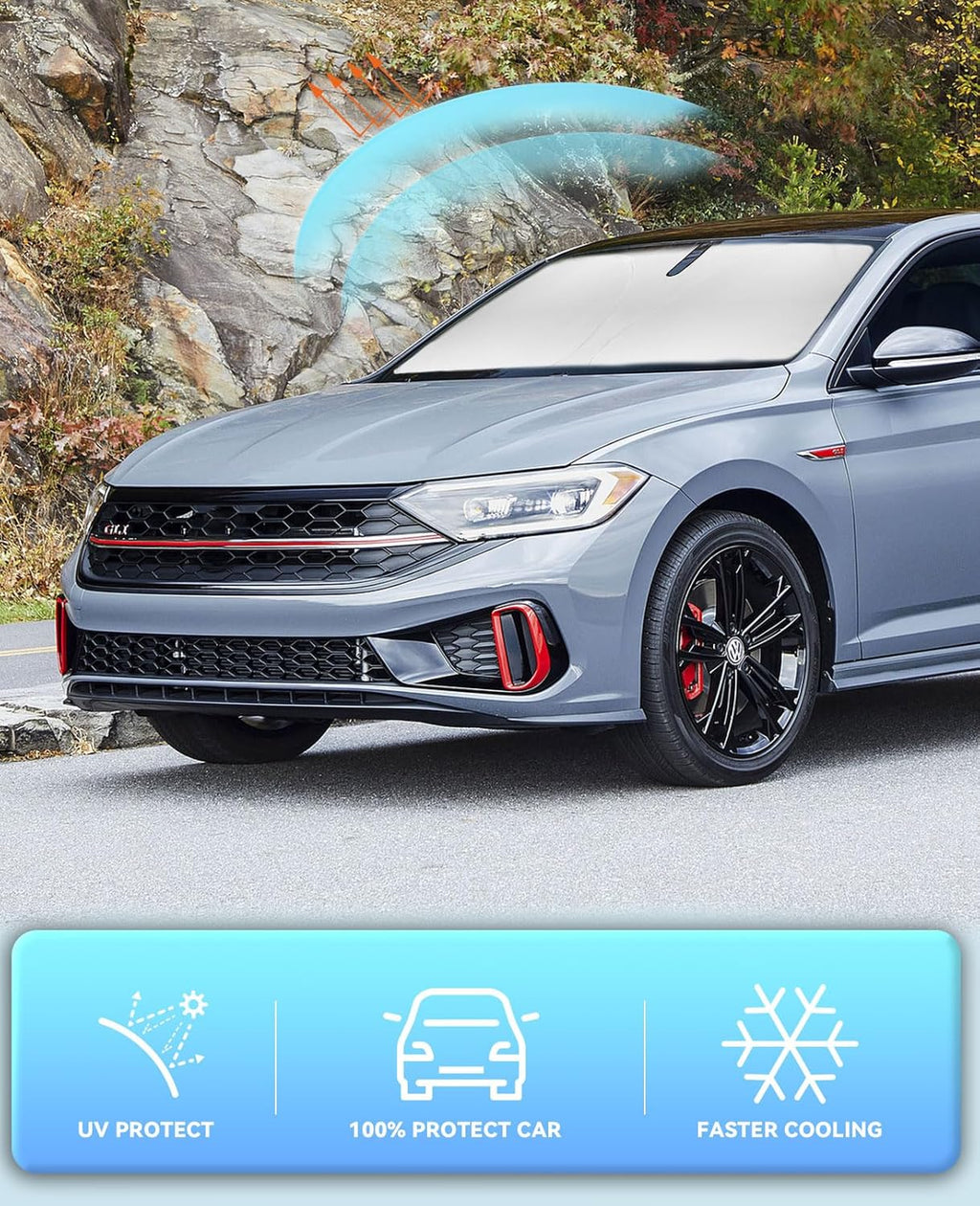 Sun Shade for VW Volkswagen Jetta Windshield Sunshade Custom Fit VW Jetta 2019-2023 2024 2025 2026 Car Accessories Windshield Cover Front Window Shields 240T Reflective Sun Visor Block UV Rays