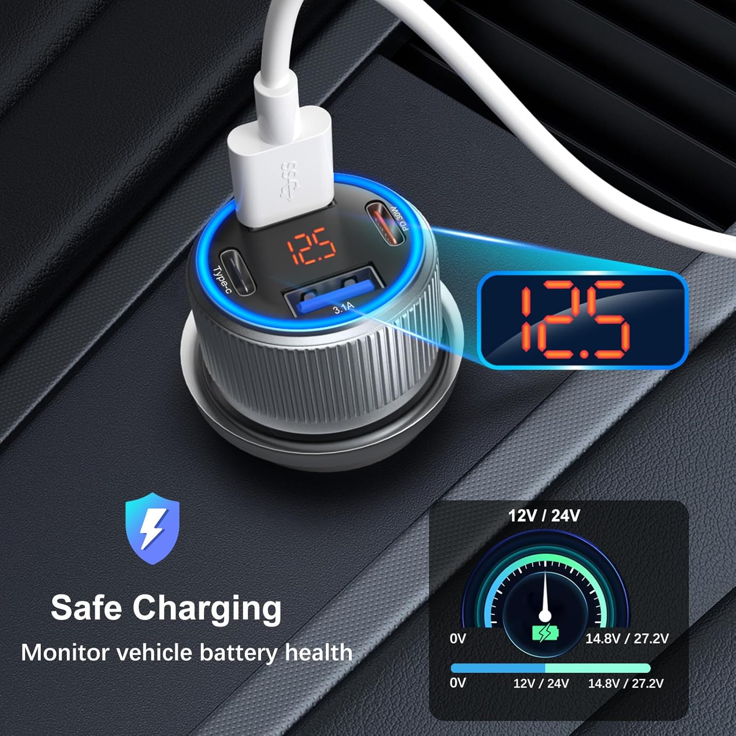 USB C Car Charger 5 Pack, 65W Dual 12V USB C & USB A Car Charger with Voltage Display Multi Port PD/QC 3.0 Fast Charge Cigarette Lighter Adapter for iPhone 16/15/14/13 Pro,Galaxy S25,Android(Grey)