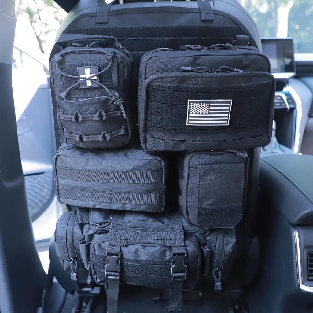 Universal Tactical Seat Back Organizer Vehicle Molle Panel Organizer Storage Bag with 5 Detachable Molle Pouch for All Vehicel Such as Jeep,Truck,SUV, Car, Ford,Chevy etc