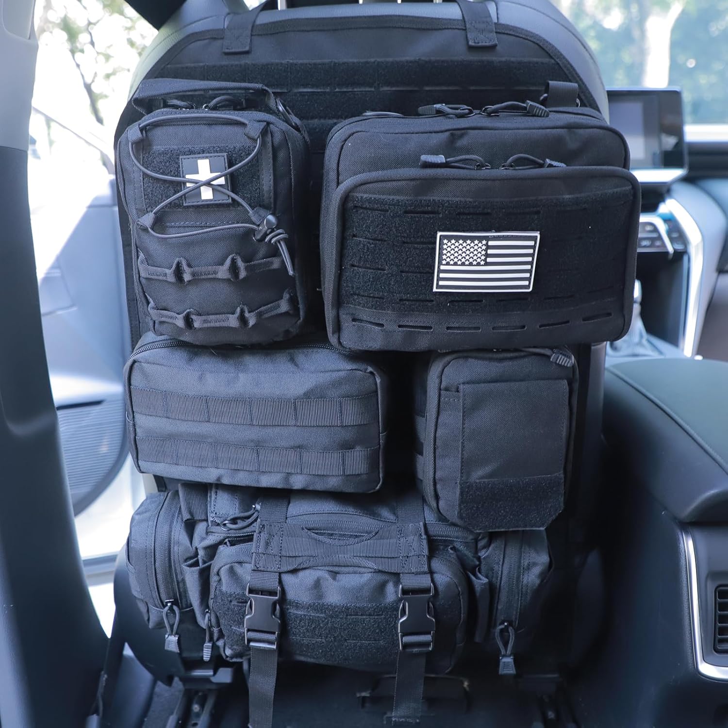 Universal Tactical Seat Back Organizer Vehicle Molle Panel Organizer Storage Bag with 5 Detachable Molle Pouch for All Vehicel Such as Jeep,Truck,SUV, Car, Ford,Chevy etc