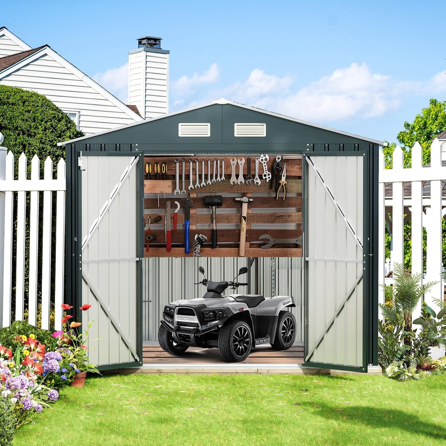 Breezz 6x8FT Outdoor Steel Storage Shed with Frame Floor,Clear Window, Lockable Doors, Weather-Resistant Metal Tool Shed for Garden, Backyard, Patio, and Utility Storage