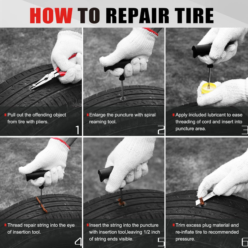Economical Tire Repair Kit to Fix Punctures and Plug Flats, 10-Piece Value Pack, Ideal for Cars, Trucks, Motorcycles, ATV, with Storage case