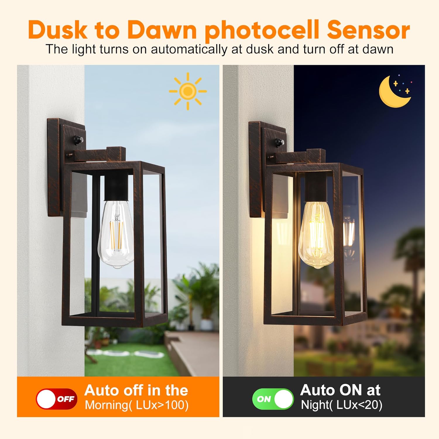 PARTPHONER Dusk to Dawn Porch Light Fixtures, Black Brushed Gold Exterior Lighting Lamp, Sensor Wall Lantern, Waterproof Outdoor Wall Sconce for House Doorway, Garage 2 Pack