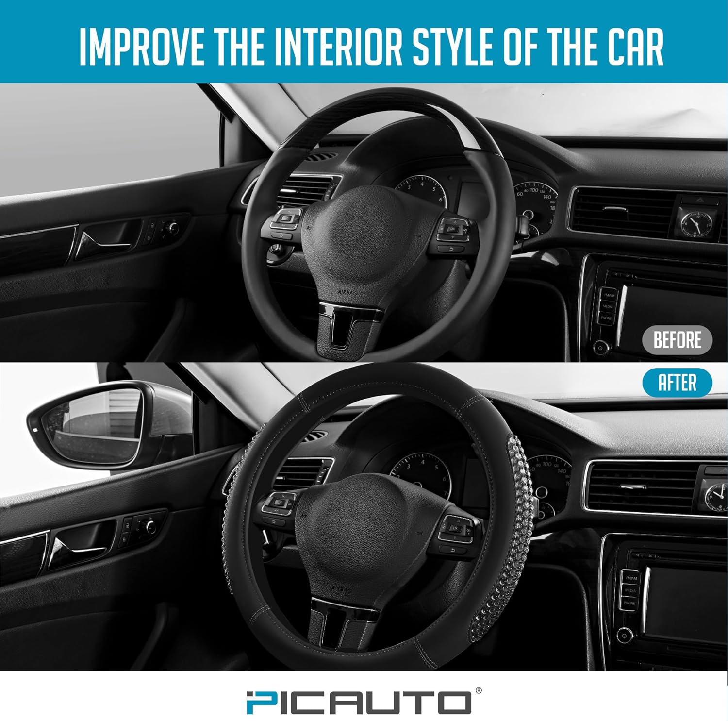 PIC AUTO Gel Particles Steering Wheel Cover, Black Luxury Leather Car Steering Wheel Protector, Universal Fit 14.5"-15.5" Anti-Slip Car Interior Accessories for Girls & Women