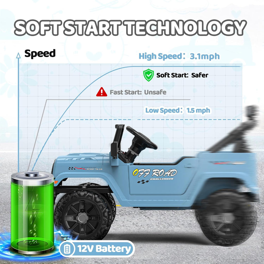 12V Ride On Truck Car with Remote Control, Kids Electric Vehicles with Bluetooth Music, Horn, 3 Speeds, 4 LED Lights, Soft Start, Ride-on Toy for Toddler Boys & Girls (Blue)