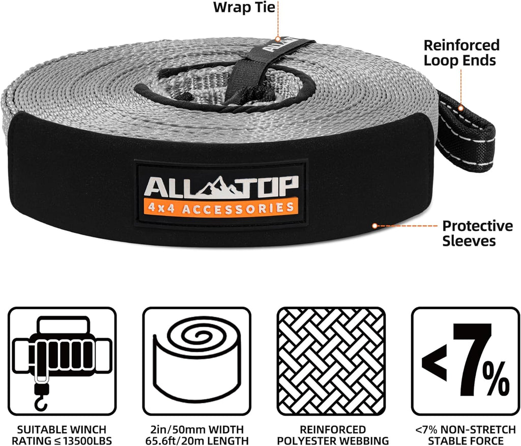 ALL-TOP Winch Extension Strap 2in x 65.6ft Min Break Strength 11000Lbs, Extend Reach of Winch Cable/Rope for Winch Rating Under 13500Lbs