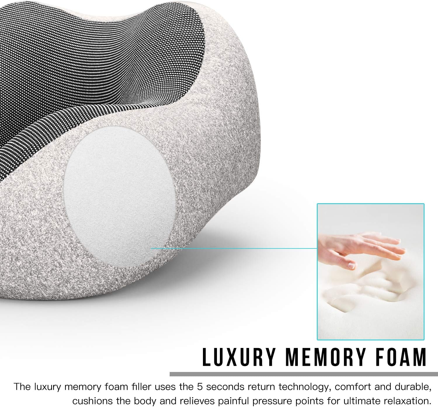 MLVOC Travel Pillow 100% Pure Memory Foam Neck Pillow, Comfortable & Breathable Cover, Machine Washable, Airplane Travel Kit with 3D Sleep Mask, Earplugs, and Luxury Bag,Standard (Grey)