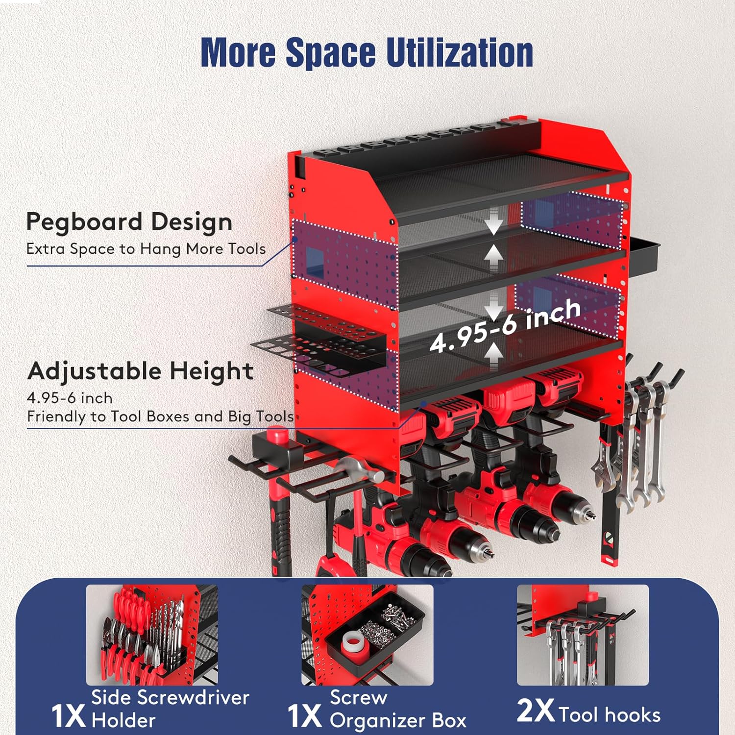 Heavy Duty Power Tool Organizer Wall Mount with Charging Station, 4 Layer Garage Storage Adjustable Shelves Height, Holds 4 Drills, 2 Hooks, Screw & Screwdriver box, Gifts for Fathers Day, Anniversary
