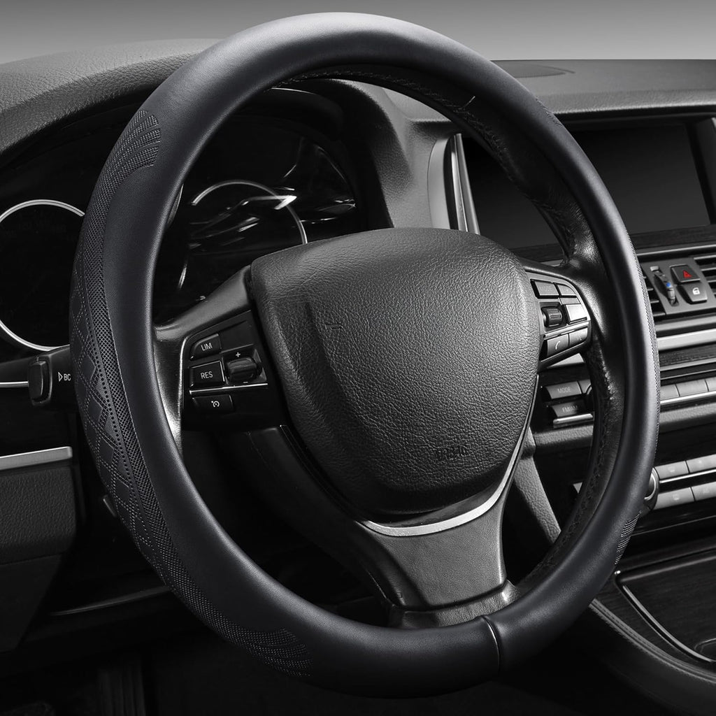 【2025 Model】 High-Grade Real Cowhide Steering Wheel Cover，Black Genuine Leather Steering Wheel Cover for Cars,Universal 15 inch Steering Wheels,Grid & Square Motif
