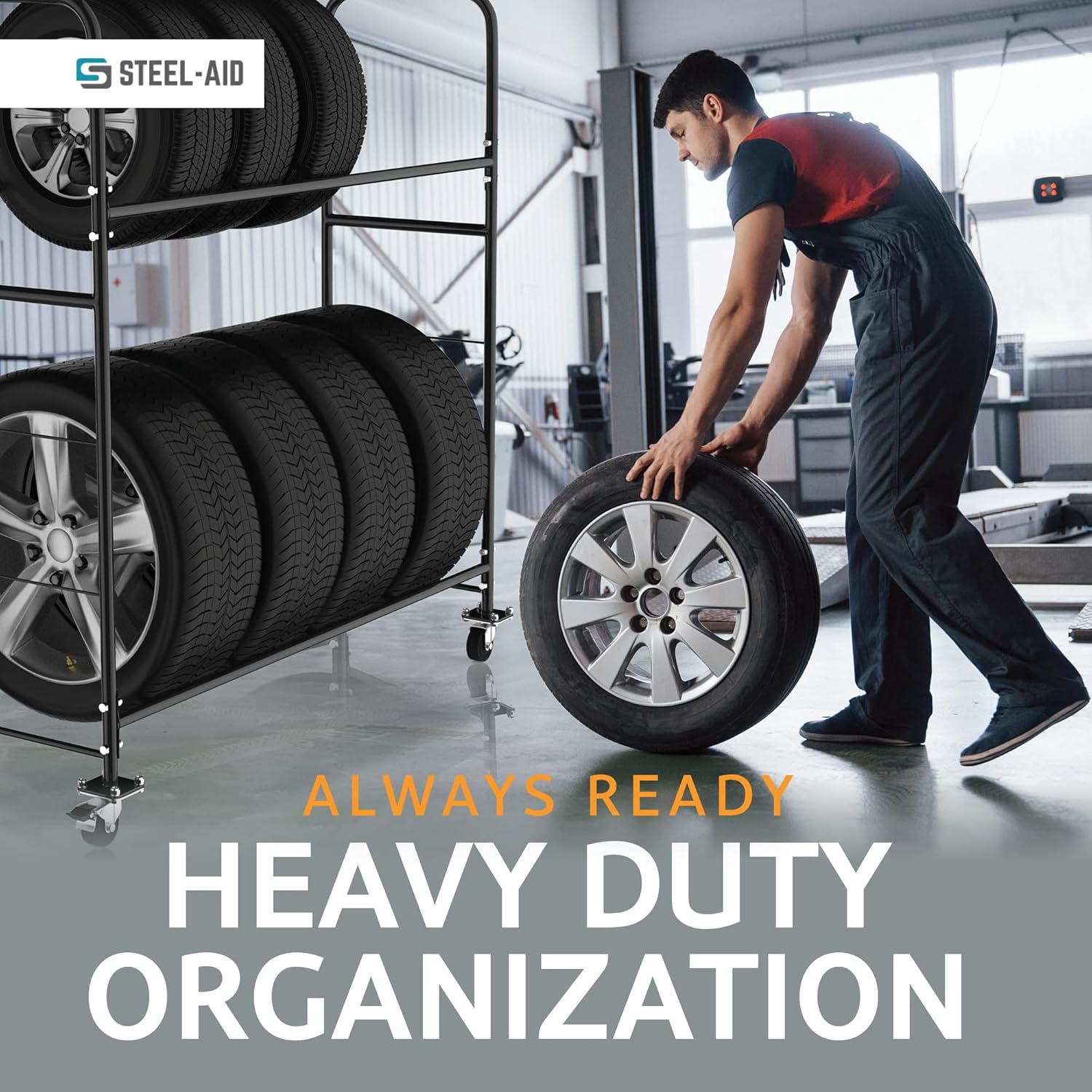 STEELAID Tire Storage Rack - Rolling Rack for Garage - Indoor/Outdoor Shelves 60 inch Organizer