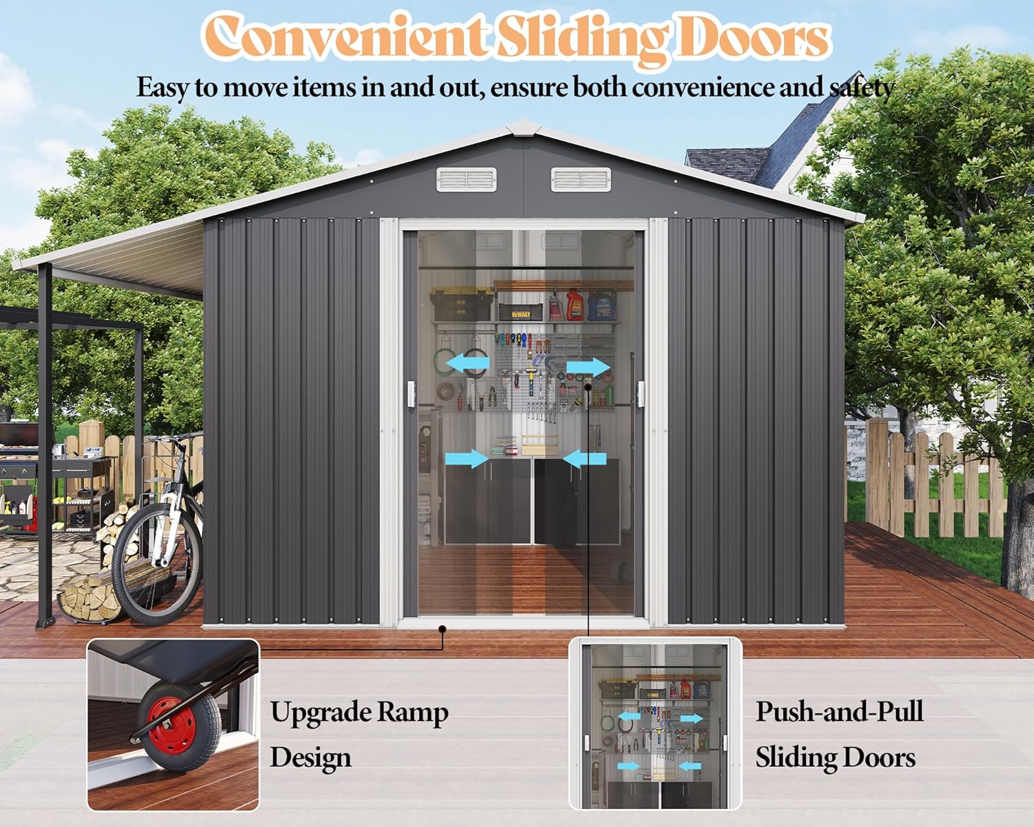 Jocisland 10.6x6.8x6.3 FT Galvanized Metal Storage Shed with Open Firewood Bay, Sliding Doors & Ramp, 2 Windows & Vents, Weather-Resistant Outdoor Tool/Garden Shed, Dark Grey/White