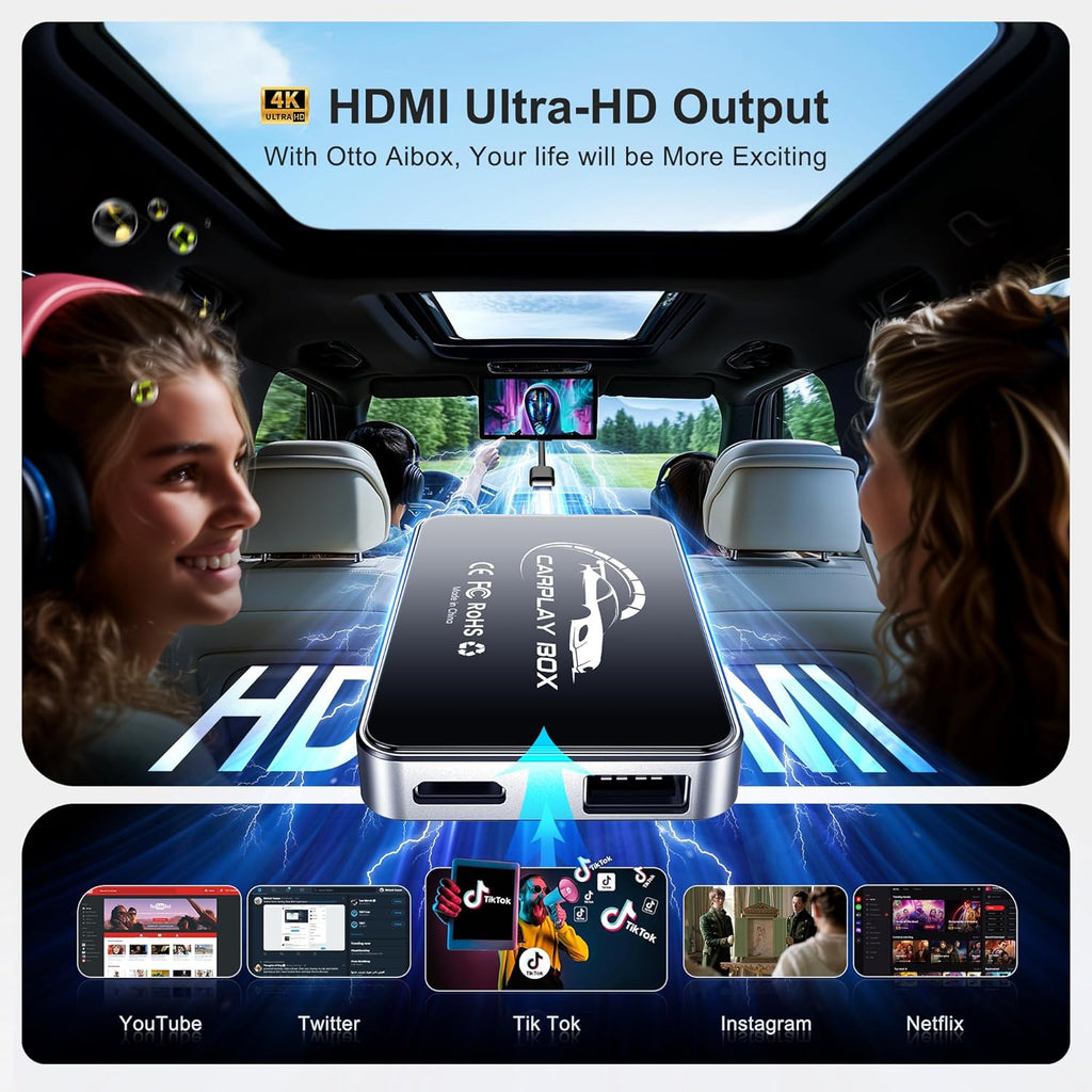 AI Box Wireless CarPlay & Auto Adapter - Plug & Play, Dual-Band WiFi, Bluetooth 5.0, 4K Video Support, Android 12.0 System, Compatible with Factory CarPlay & Android Auto （4GB RAM+32GB ROM）