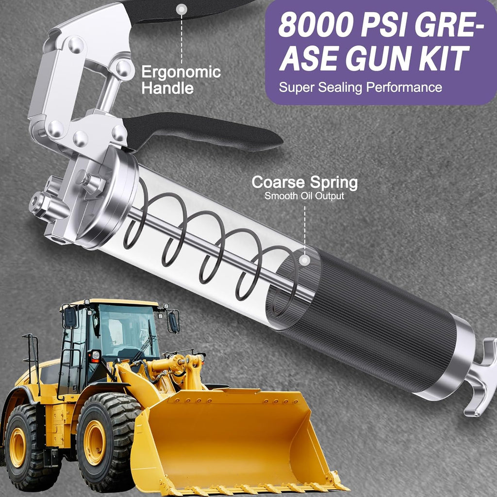 8000 PSI Heavy Duty Grease Gun Kit - 14oz with Flex Hose, Sharp Nozzle, Extension Pipe & Coupler, Blue