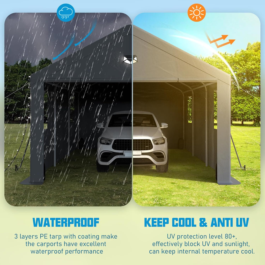 13x25 Carport Canopy, Heavy Duty Car Port, Portable Car Ports Garage with 2 Roll-Up Zipper Drive Through Doors, Grey