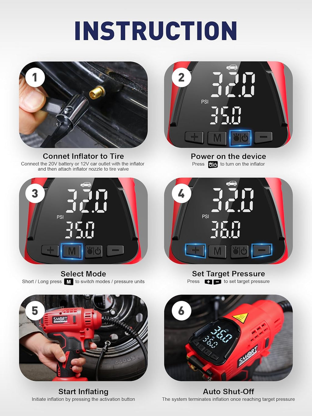 SMART JERRY - Car Tire Inflator Portable Air Compressor | 20V/12V Dual-Power Cordless Air Pump with 150 PSI Max Pressure & Smart Auto-Stop | Fast Inflation for Cars, Motorcycles, Bikes, Sports Balls