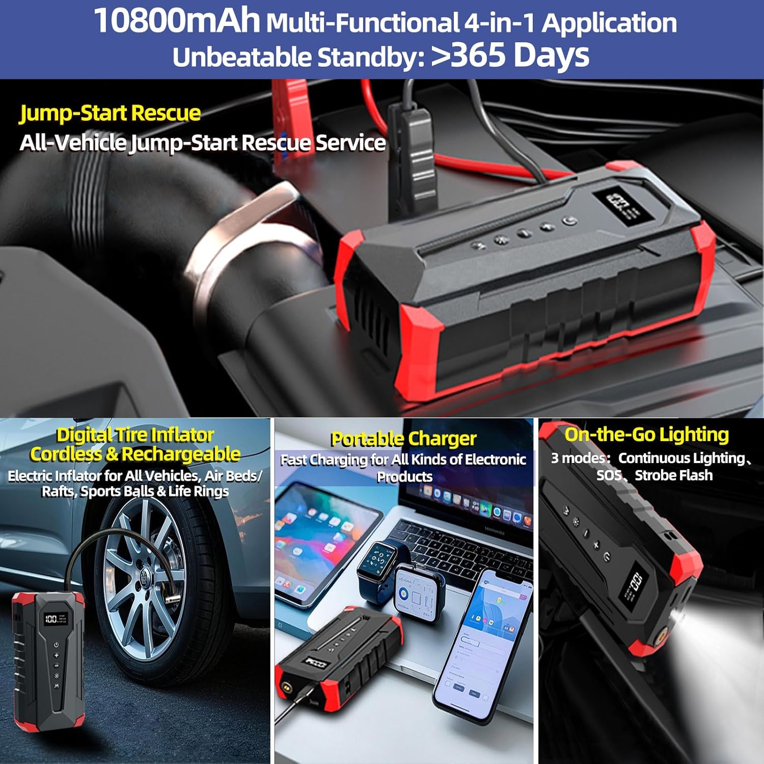 10800mAh Car Jump Starter with Air Compressor and USB/Type-C Charger, UL-Certified Portable Power Station for Cars