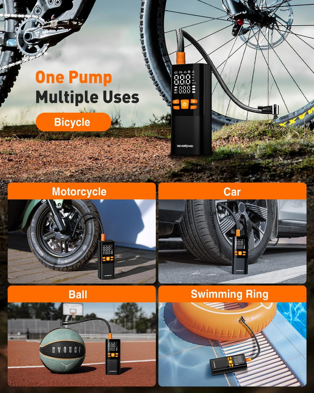 NEVERLAND Tire Inflator Portable Air Compressor - 4X Faster 150 PSI Air Pump for Car Tires, Electric Bike Pump with Pressure Gauge, Auto-Shutoff Cordless Tires Pump for Car Bicycle Motorcycle Ball