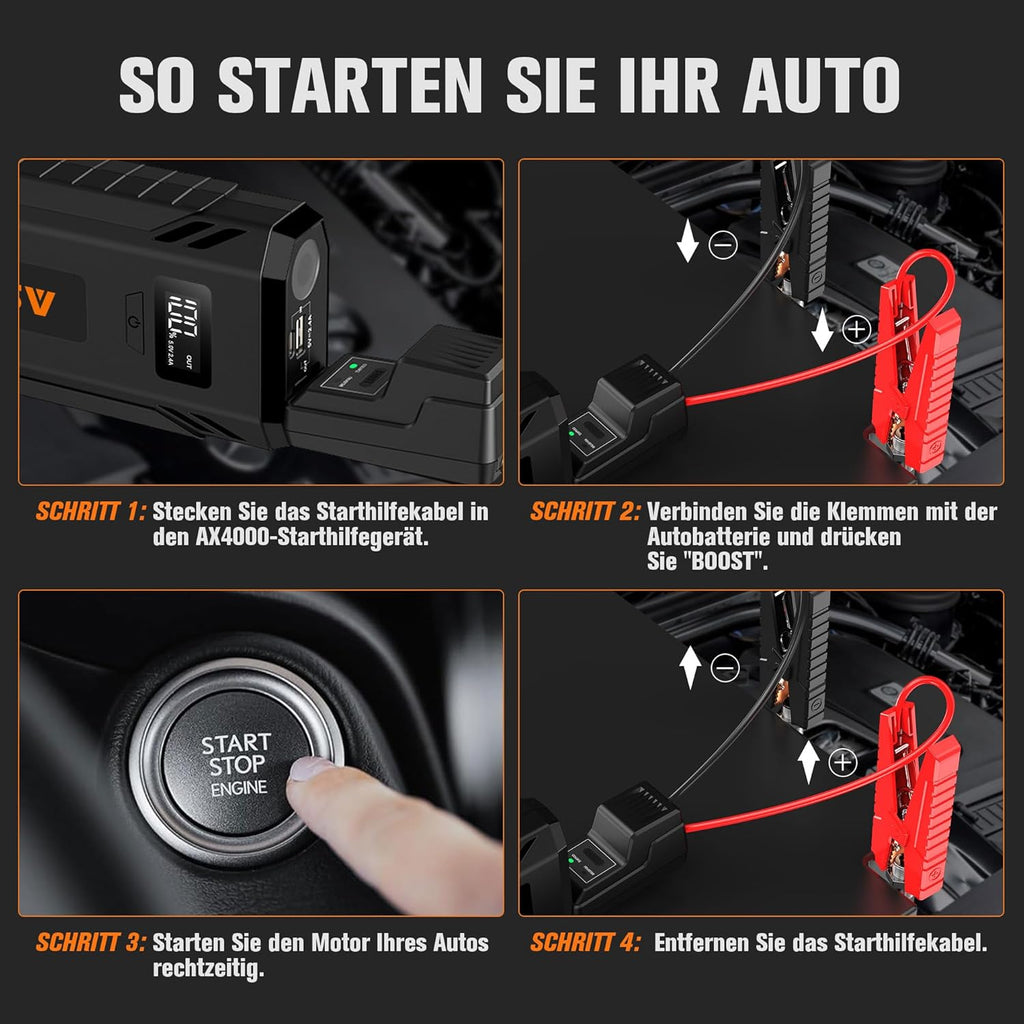 AsperX Car Jump Starter, 4000A Peak Battery Starter for All Gas or 10.0L Diesel Engines, 12V Battery Starter, Jump Box with USBA, Lithium Battery Booster with Built-in LED Light