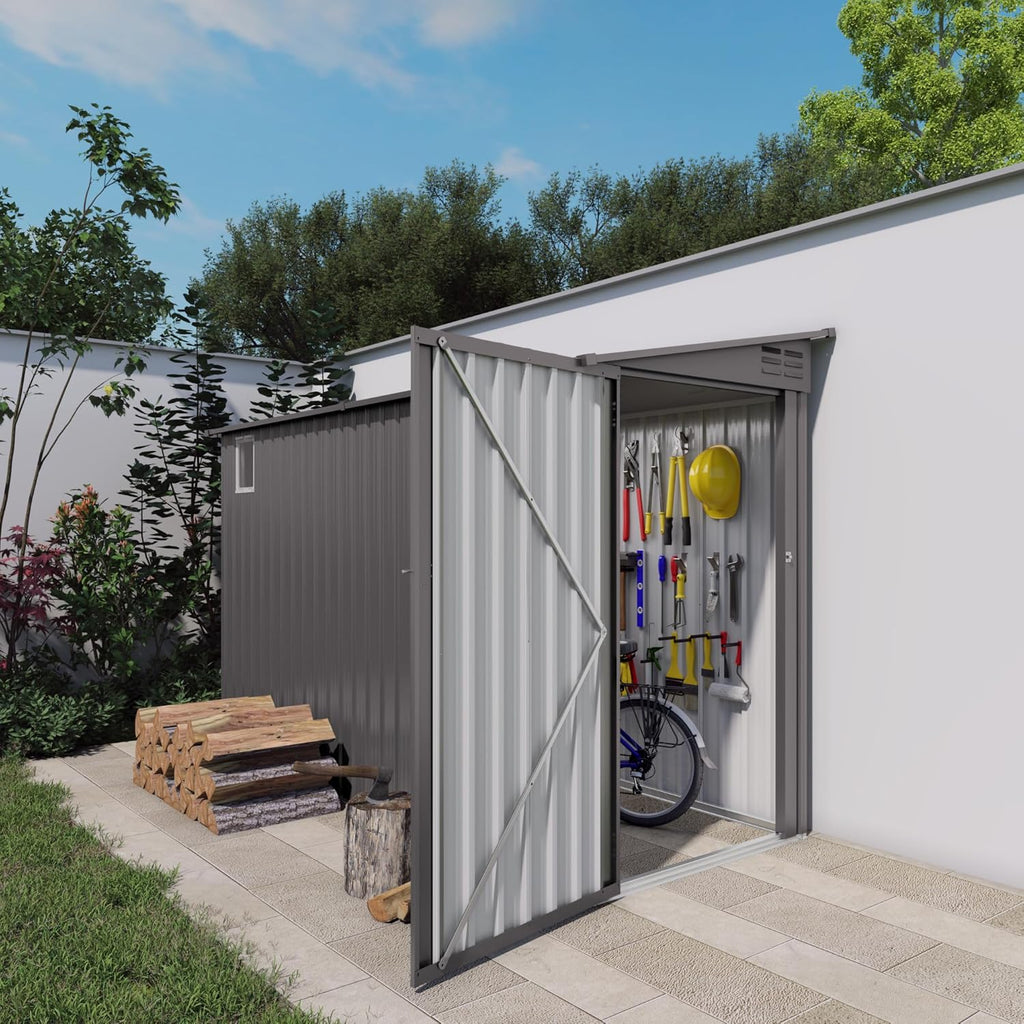 Lean to Storage Shed 4 x 9 FT Outdoor Metal Wall Storage Shed & Garden Storage Cabinet, Tool Shed with Sloping Roof, 2 Vents & Side Open Door for Backyard, Patio, Garage & Lawn, Gray