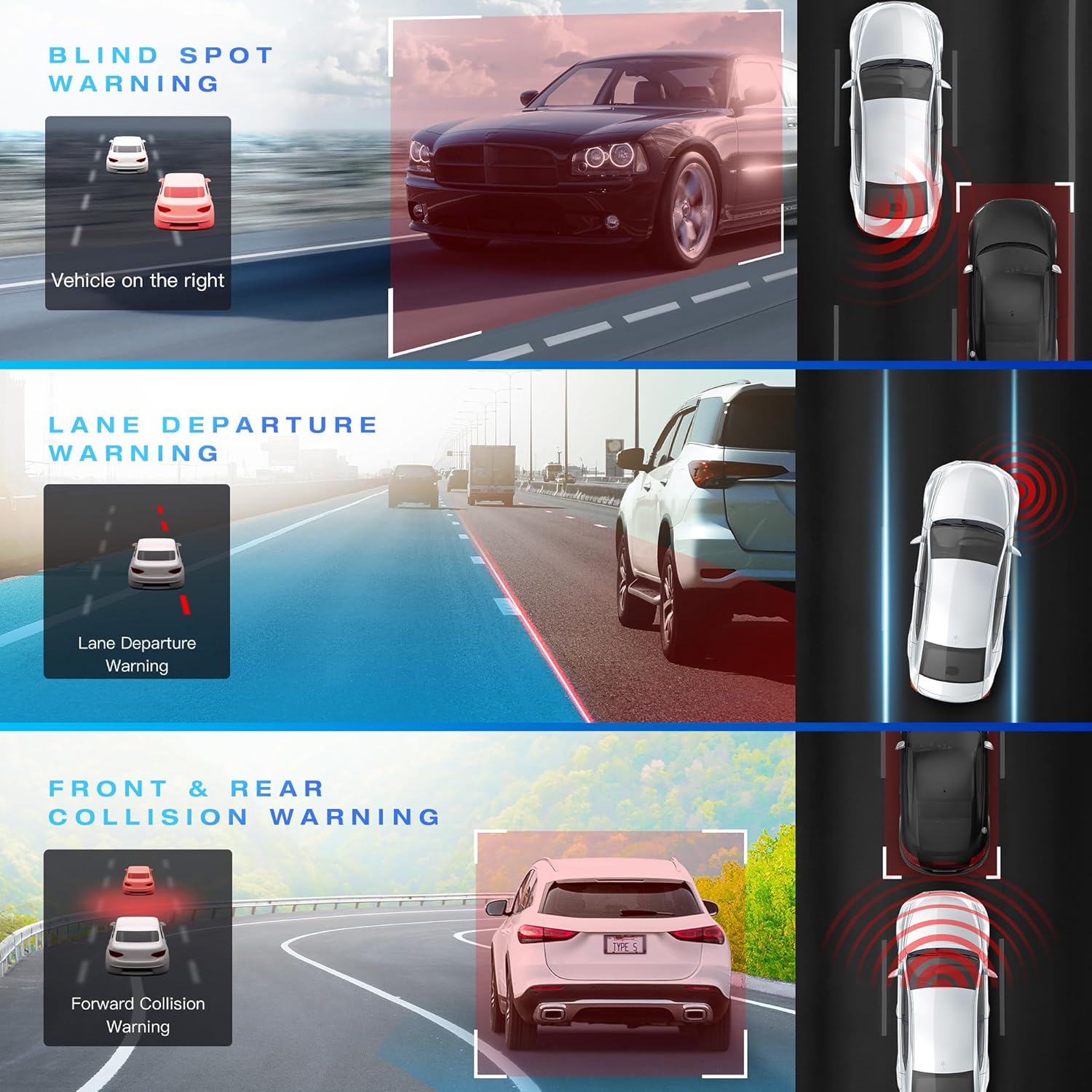Type S T200 AI Driver Assistance Dash Cam Powered by ADAS, 1440p, Collision Alerts, Lane and Pedestrian Detection, Vehicle Departure Reminders, Front Rear 2 Channel Smart 24/7 Video Surveillance