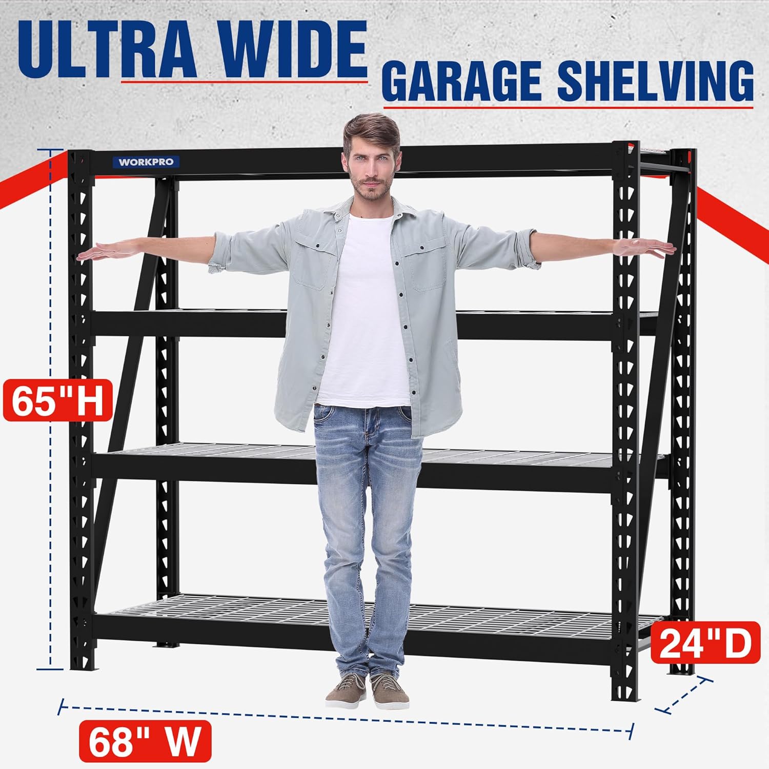 WORKPRO Garage Shelving, 68" W x 24" D x 65" H, 7200 LBS Load, Heavy Duty Metal Shelving for Storage, Industrial Shelving Storage Rack for Warehouse Kitchen Shop Basement, Black, Pack of 2