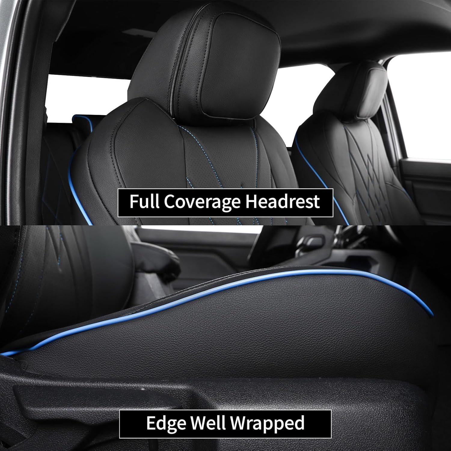 EKR Tacoma Car Seat Covers Custom for Select Toyota Tacoma (Only for Hybrid) 2024 2025 Double cab TRD Sport,TRD Off-Road,Limited,Trailhunter -Full Set,Leather (Black with Blue Trim)