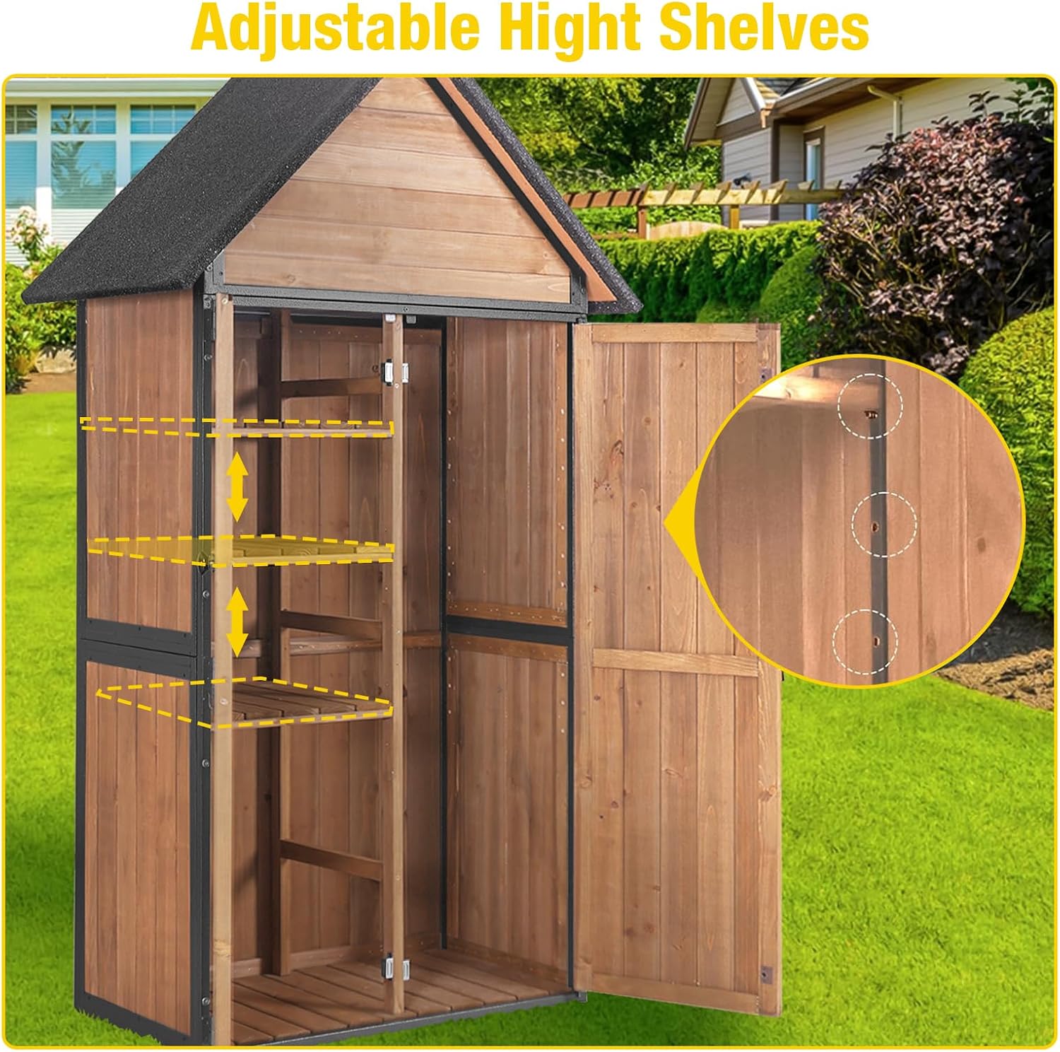 Outdoor Storage Shed,Vertical Wooden Tool Shed with Waterproof Roof,Adjustable 3 Tiers Shelves,Storage Tool Cabinet Box with Metal Frame Sloped Roof for Backyard Garden Patio Lawn (Brown)
