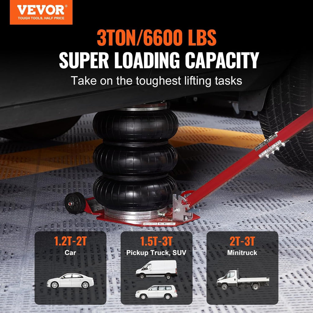 VEVOR Air Jack, 3 Ton/6600 lbs Triple Bag Air Jack, Air Bag Jack Lift Range 5.9"-15.75", Airbag Jack with Adjustable Long Handle, 3-5 S Fast Lifting for Car, Auto Shop, Garage