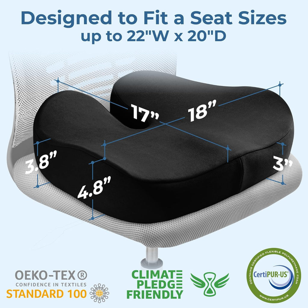 5 STARS UNITED Seat Cushion for Tailbone Pain Relief – Large Memory Foam Lifting Pillow for Coccyx, Hip, Sciatica & Post-Surgery Recovery – Wheelchair, Car, Desk, Gaming & Office Chairs, Black
