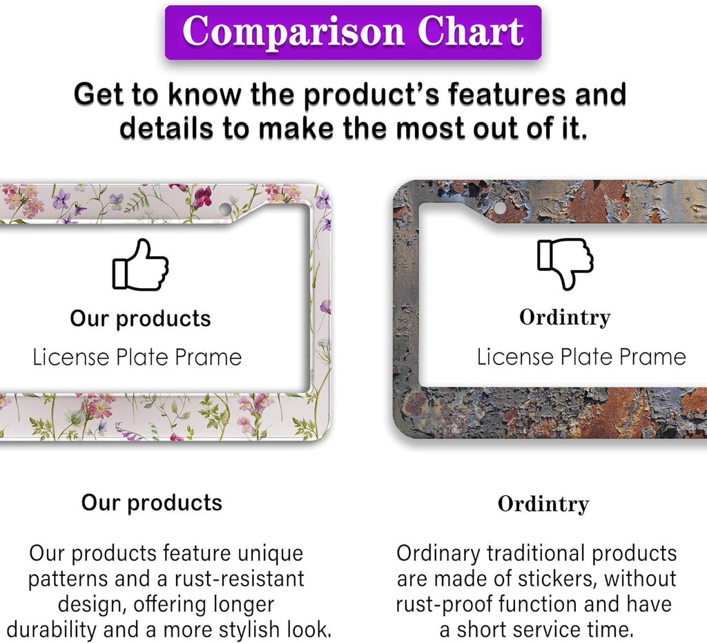License Plate Cover Multicolor License Plate Frames Folk Flower Hippie Boho Floral Aluminum Metal Car Accessory 2 Pack with Screw Covers Set