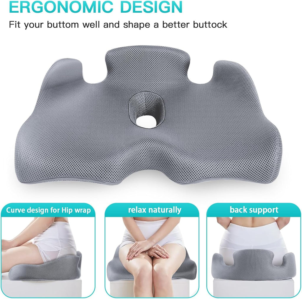 Benazcap Memory Seat Cushion for Office Chair Sciatica & Back Pain Relief Memory Foam Firm Coccyx Pad for Car, Wheelchair, Gaming Chair and Desk Chair, Gray