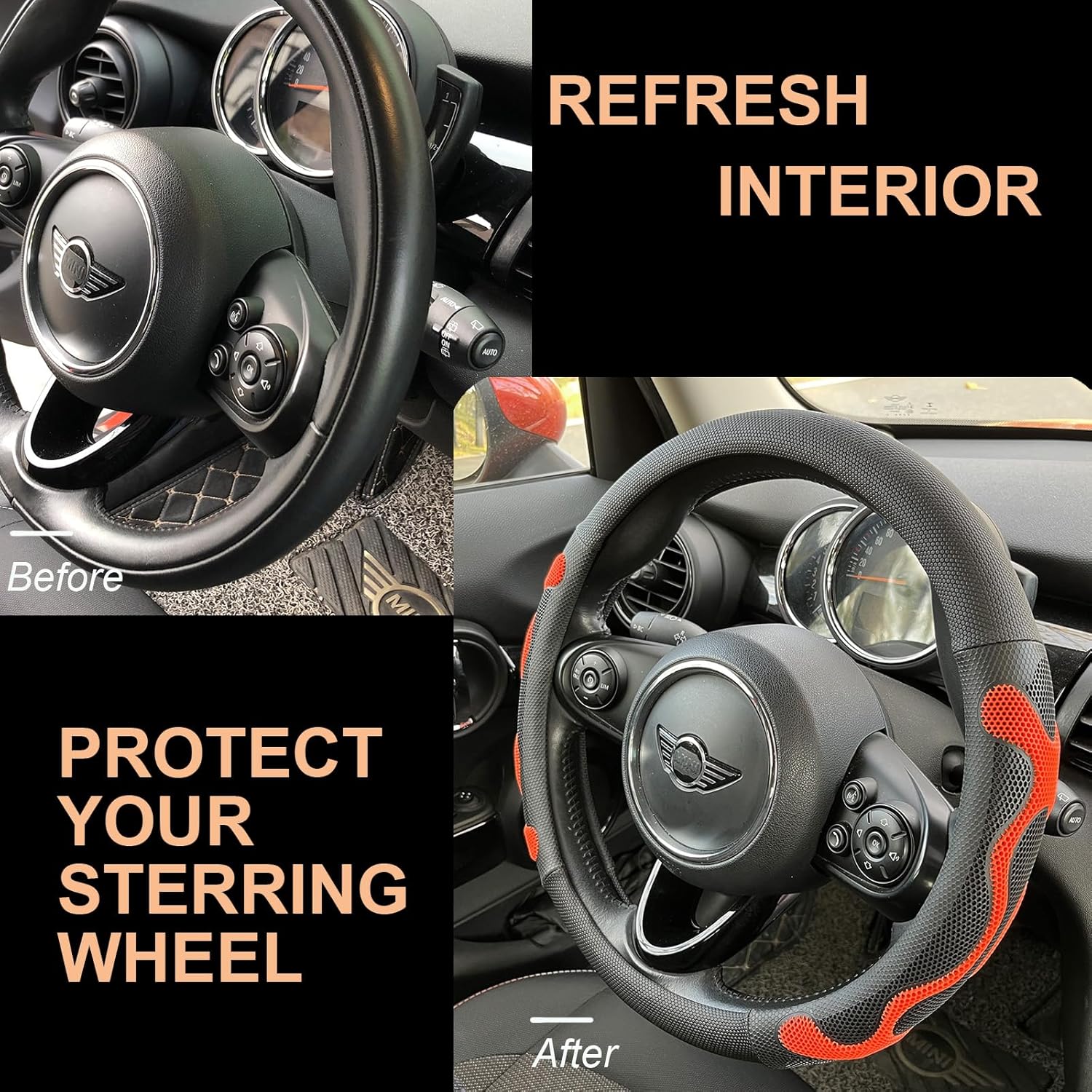 PINCTROT Large Size Comfy Grip Steering Wheel Cover, Anti-Slip Design, 15.5-15.75 Inch(Silicone Orange)