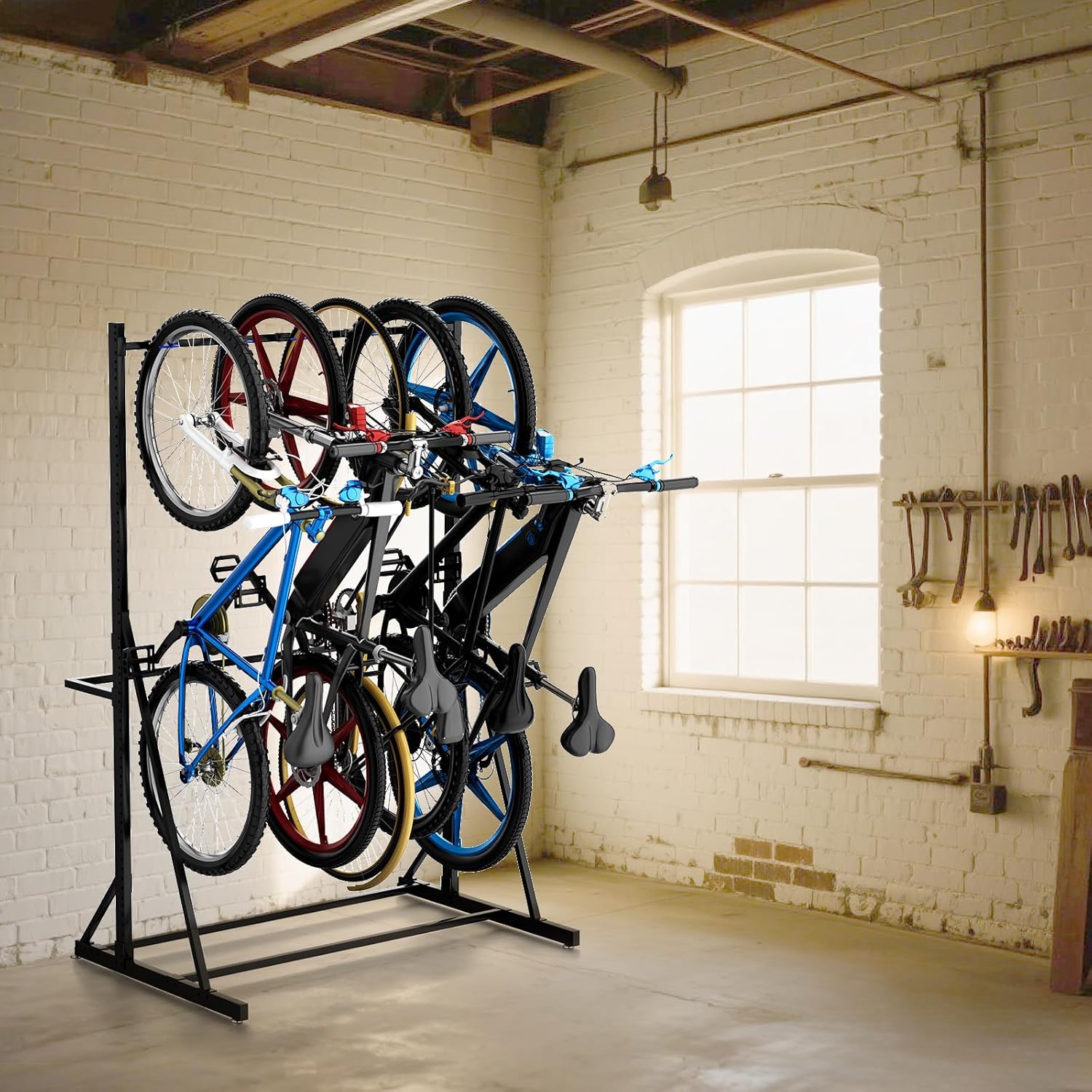 Freestanding Bike Storage Rack Vertical Bike Rack Indoor Garage Floor Stand Heavy Duty Bike Organizer Garage Bicycle Organizer Holds Up to 5 Bikes