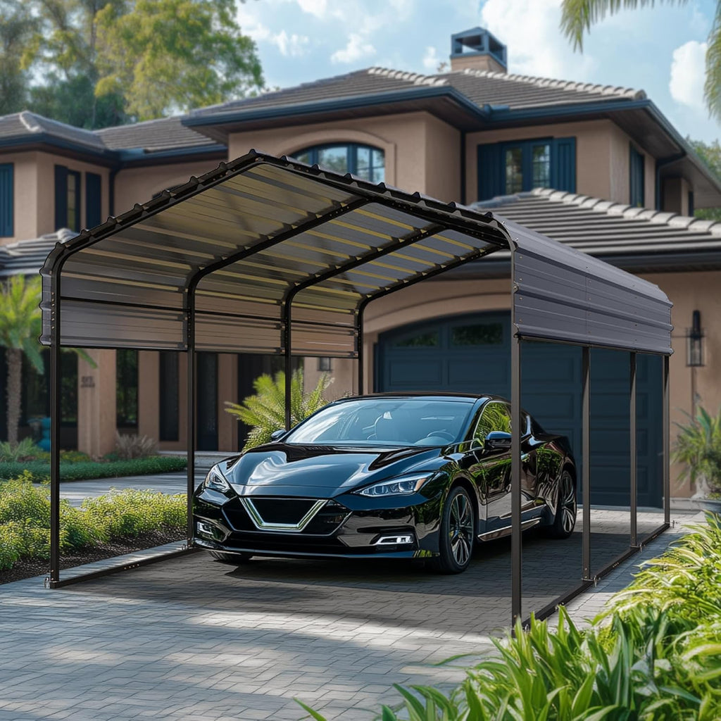 PHI VILLA 10 x 15 ft Heavy Duty Carport with Galvanized Steel Roof Multi-Use Shelter, Sturdy Metal Carport for Cars, Boats, and Tractors