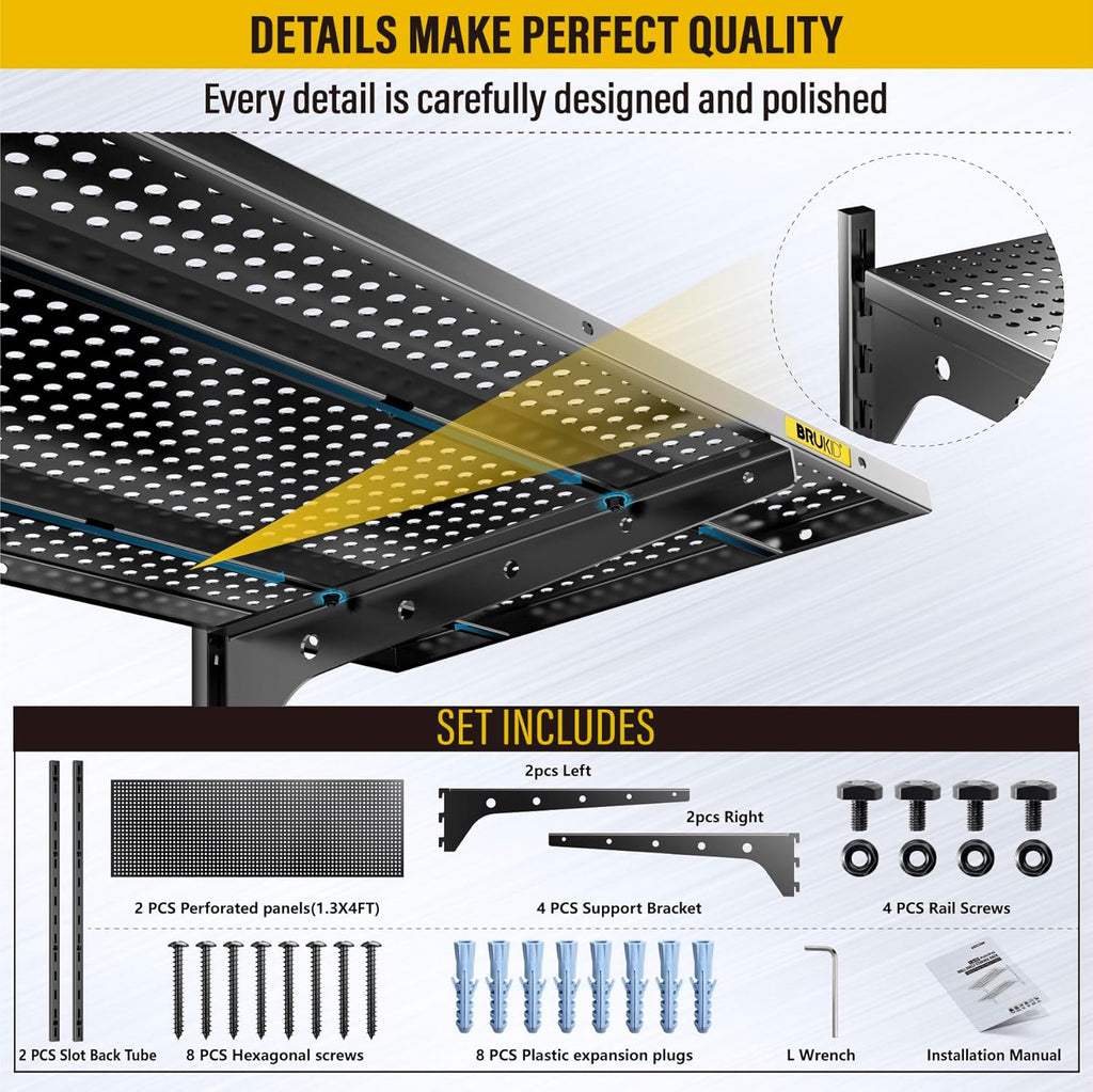 2 Tier 1.3x4ft Garage Shelving Wall Mounted, 400 lbs Load Capacity，15.6x48inch per Shelf Height Cassette Adjustable Floating Shelves(Black)