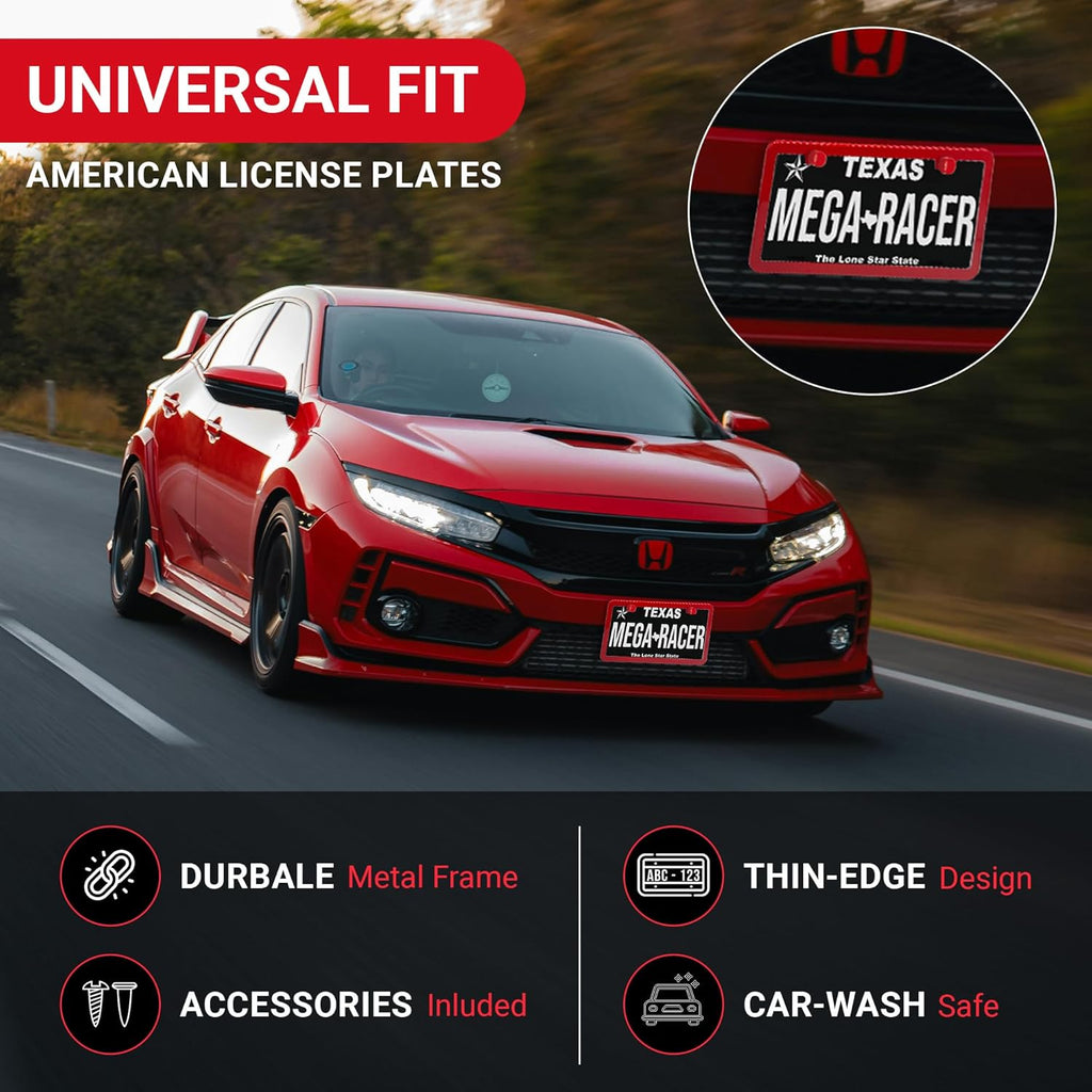 Premium Slim Red License Plate Frames – 2 Pack, Rust-Free Stainless Steel, Street Legal & Rattle-Free, Universal Fit with Screw Covers, Sleek Thin Metal Front & Rear Car Tag Holders for Men & Women